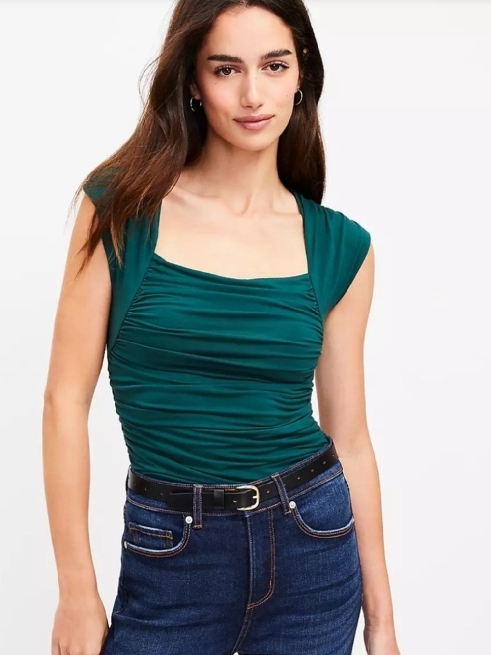 LOFT Teal/Green Ruched Square-Neck Cap Sleeve Top